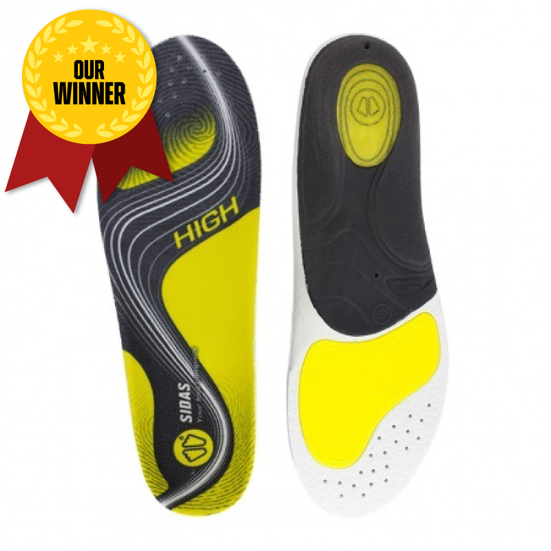 black and yellow shoe insoles with 'high' written on the top side