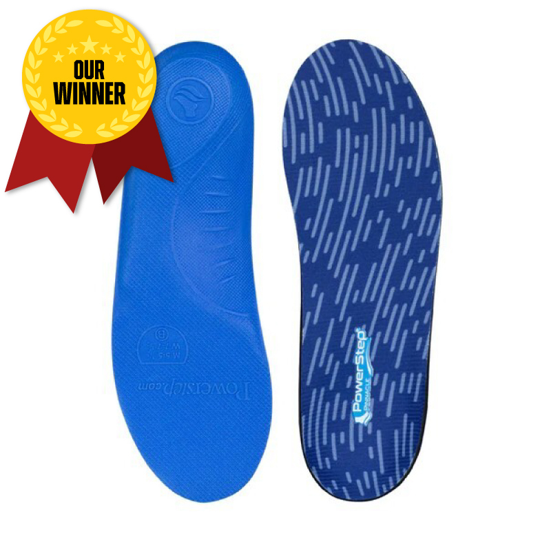 a pair of blue insoles, with the top side having lighter blue lines decorating it