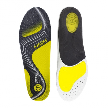 Pair of yellow, black, and white shoe insoles