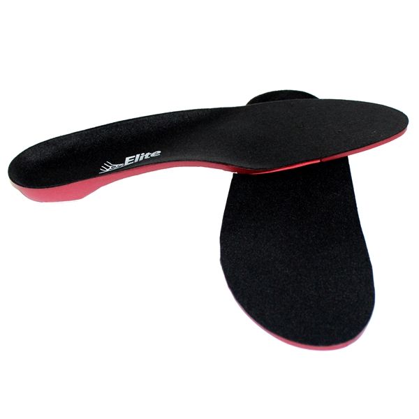 Pair of black shoe insoles with red soles