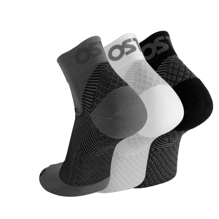 OrthoSleeve FS4 Plantar Fasciitis Compression Socks (a black, a grey, and a white sock)